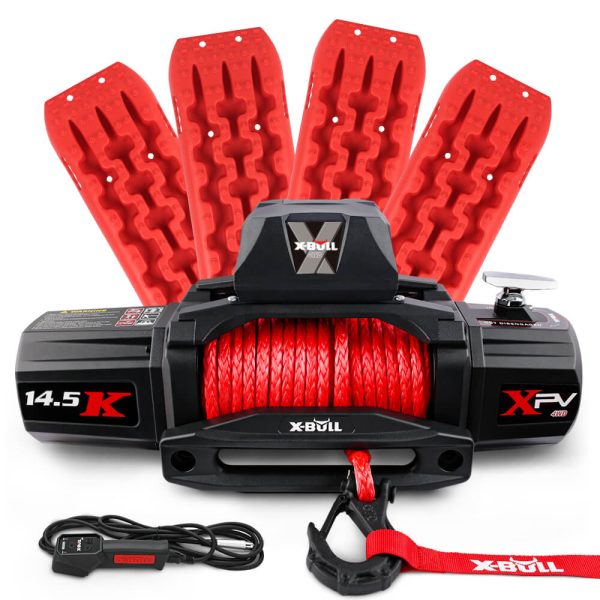 X-BULL 4WD Electric Winch 14500LBS 12V synthetic rope with 2 Pairs Recovery Tracks Gen2.0 Red