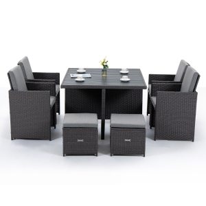 LONDON RATTAN Outdoor Dining Table 9 Piece Furniture Wicker Set, Grey