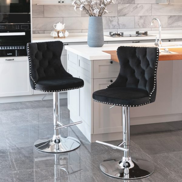 4x Height Adjustable Swivel Bar Stool Velvet Studs Barstool with Footrest and Chromed Base- Black