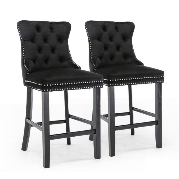 6X Velvet Bar Stools with Studs Trim Wooden Legs Tufted Dining Chairs Kitchen