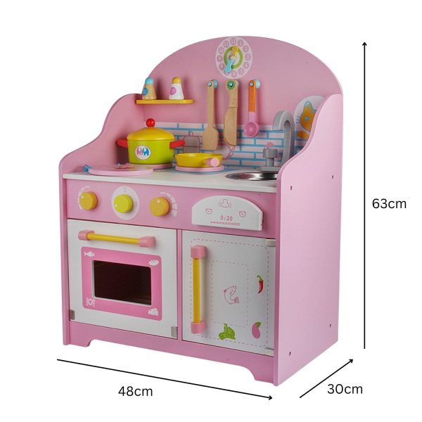 Wooden Kitchen Playset for Kids with Clock (Japanese Style Kitchen Set, Pink) EK-KP-109-MS