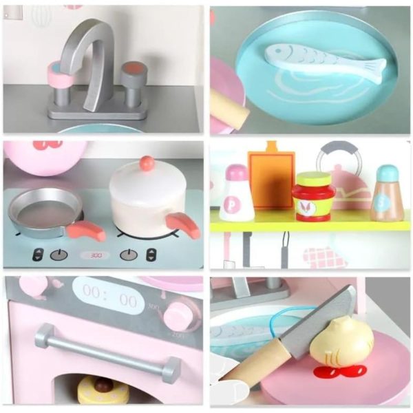 Wooden Kitchen Playset for Kids (Japanese Style Kitchen Set, Pink) EK-KP-106-MS