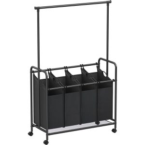 SONGMICS 4-Bag Laundry Sorter Rolling Cart with Hanging Bar Heavy-Duty Wheels Black RLS44B