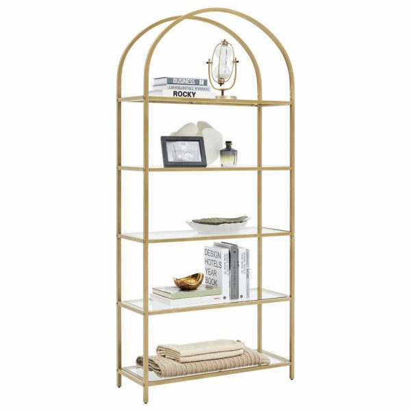 Bookshelf 5 Tier Tempered Glass with Gold Metal Frame LGT050A01