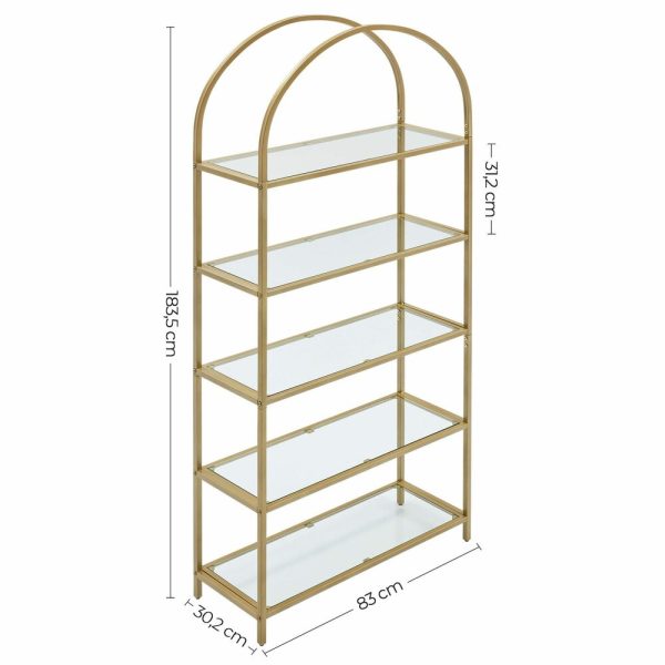 Bookshelf 5 Tier Tempered Glass with Gold Metal Frame LGT050A01