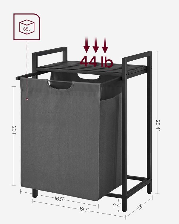 Laundry Hamper with Shelf and Pull-Out Bag 65L Black and Gray