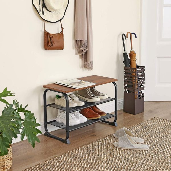 Shoe Bench with 2 Mesh Shelves Rounded Iron Frame Industrial Rustic Brown