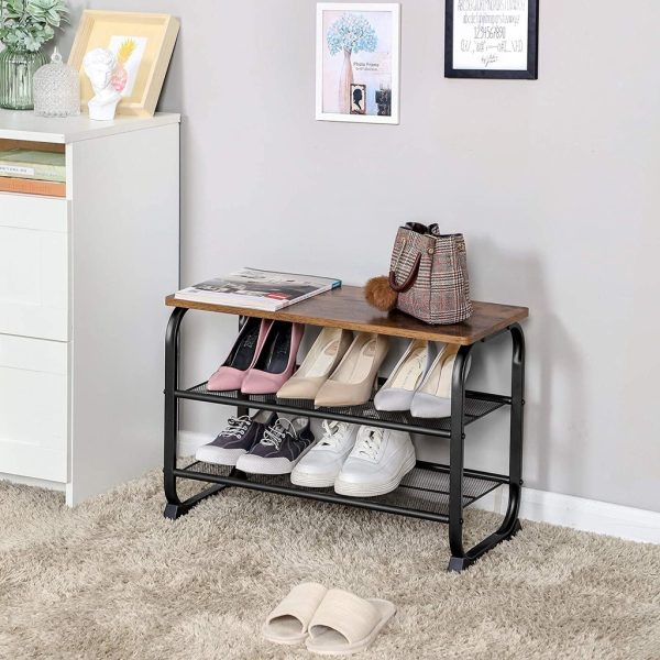 Shoe Bench with 2 Mesh Shelves Rounded Iron Frame Industrial Rustic Brown