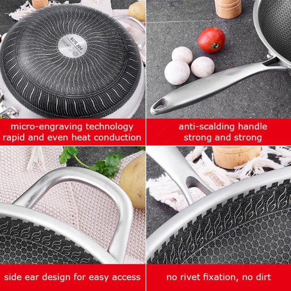 304 Stainless Steel Non-Stick Stir Fry Cooking Kitchen Honeycomb Wok Pan with Lid – 34 cm