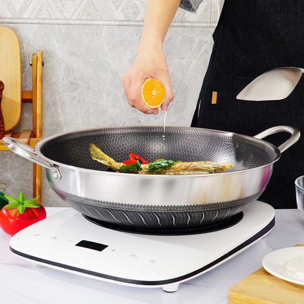 316 Stainless Steel Double Ear Non-Stick Stir Fry Cooking Kitchen Wok Pan without Lid Honeycomb Double Sided – 38 cm