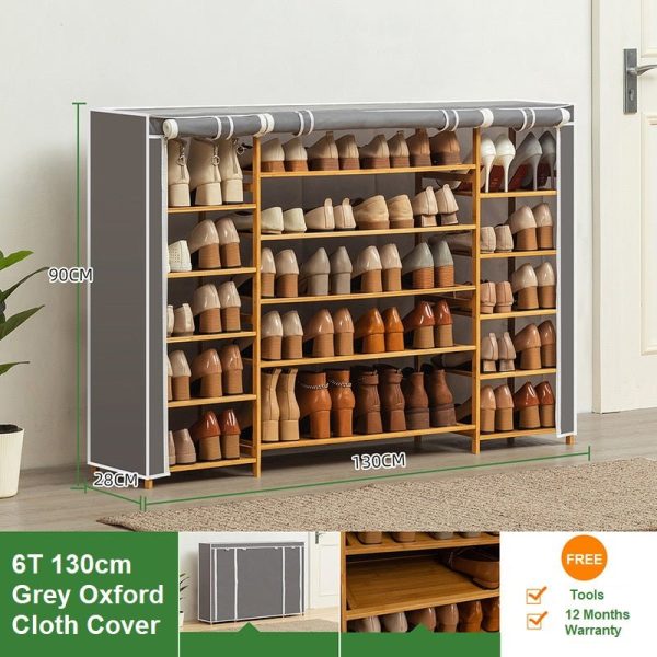 Cover Six Tier Oxford Cloth Covered Tower Bamboo Wooden Shoe Rack Boot Shelf Stand Storage Organizer – Grey