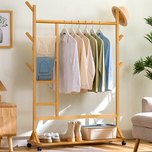 6 Hook Rack Rail Natural Finished Portable Coat Stand Rack Rail Clothes Hat Garment Hanger Hook with Shelf Bamboo – 6 Hook W Rack Rail, Walnut