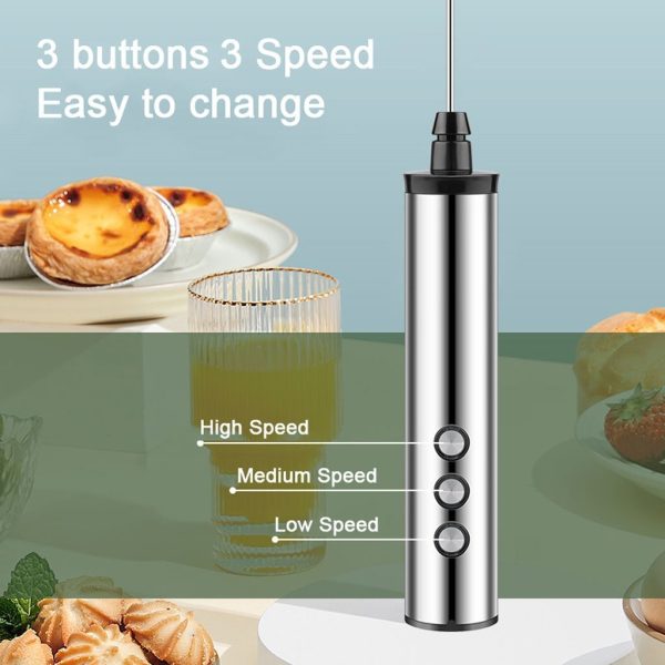 USB Charging Electric Egg Beater Milk Frother Handheld Drink Coffee Foamer Silver with 3 Stainless Steel Whisks