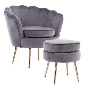 La Bella Shell Scallop Armchair Accent Chair Velvet + Round Ottoman Footstool – Grey