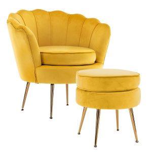 La Bella Shell Scallop Armchair Accent Chair Velvet + Round Ottoman Footstool – Yellow