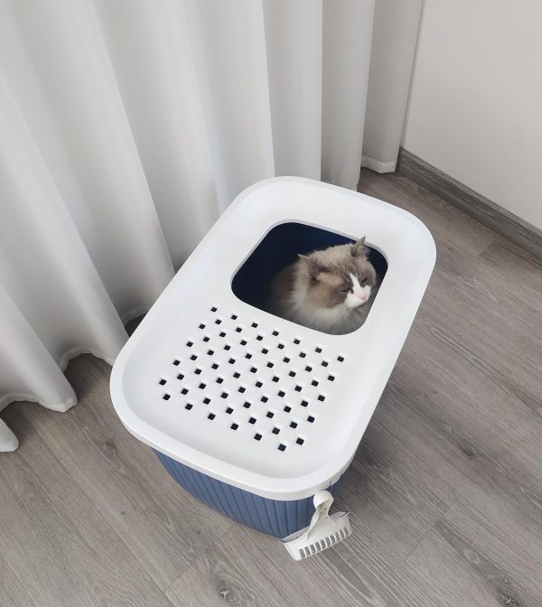 XXL Top Entry Cat Litter Box No Mess Large Enclosed Covered Kitty Tray – Dark Blue