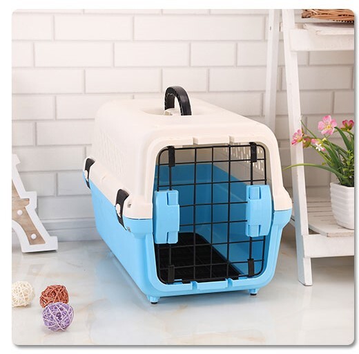 Portable Plastic Dog Cat Pet Pets Carrier Travel Cage With Tray – Blue