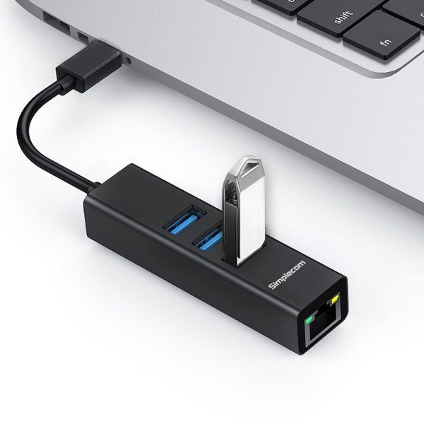 Simplecom CHN421 Aluminium USB-C to 3 Port USB HUB with Gigabit Ethernet Adapter – Black