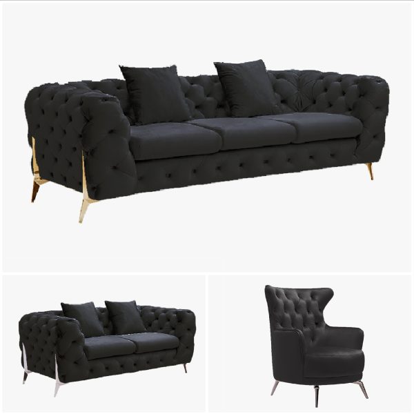 Grand Tufted Lounge – Black Velvet – Gold Legs