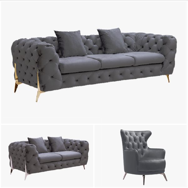 Grand Tufted Lounge – Dark Grey Velvet – Silver Legs