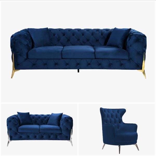 Grand Tufted Lounge – Blue Velvet – Silver Legs