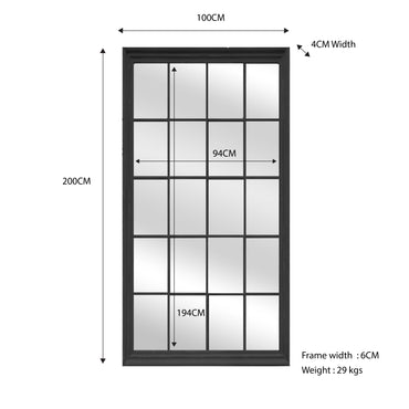 Window Style Mirror – Rectangle 100cm x 200cm – Black