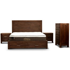 Amesbury 4pc Bed Frame Suite Bedside Tallboy Furniture Package - Walnut