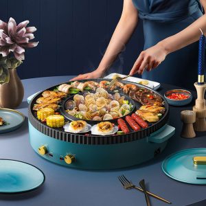 Nonstick Griddle,2in1 Grill Pan Hot Pot Hotpot bbq Electric Cooker Smokeless Grill Shabu Pot Cook