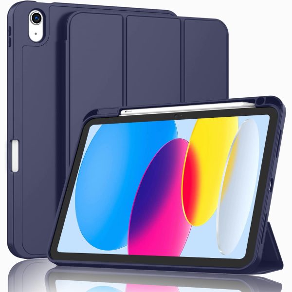 iPad 10th Case 10.9 Inch 2022 with Pencil Holder, Smart iPad Case with Soft TPU Auto Wake Sleep – Dark Blue