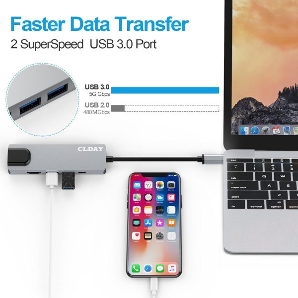 5in1 USB C Hub Multiport Adapter USB 3.1 Type C HDMI 4K RJ45 Ethernet 2 USB 3.0