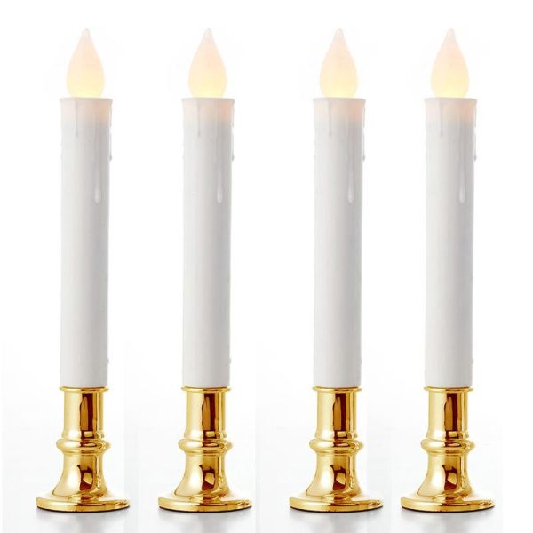 3 Pack Taper Stick White Battery Candle – Natural Flame Light Colour No Flicker – Gold Stand Base