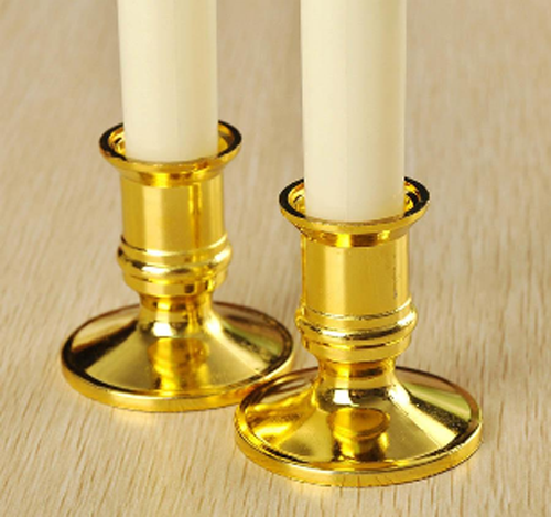 3 Pack Taper Stick White Battery Candle – Natural Flame Light Colour No Flicker – Gold Stand Base