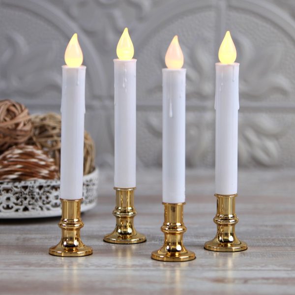 3 Pack Taper Stick White Battery Candle – Natural Flame Light Colour No Flicker – Gold Stand Base