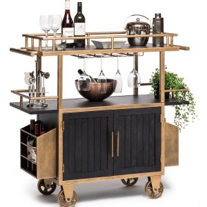 French Brass and Black Drinks Trolley Bar Cart with Bottle Rack Storage