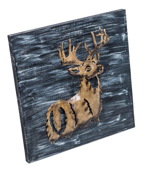 Decorative Deer 3D Wood Metal Wall Art Decor in Blue and Rusty Gold