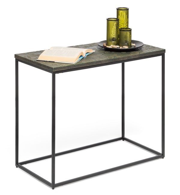 Rogerstone Black Sofa Side Table with Textured Wood Top