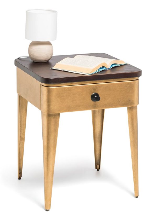 Burtonsville Modern Bedside Table in Brass Finish with Storage Drawer and Wood Top