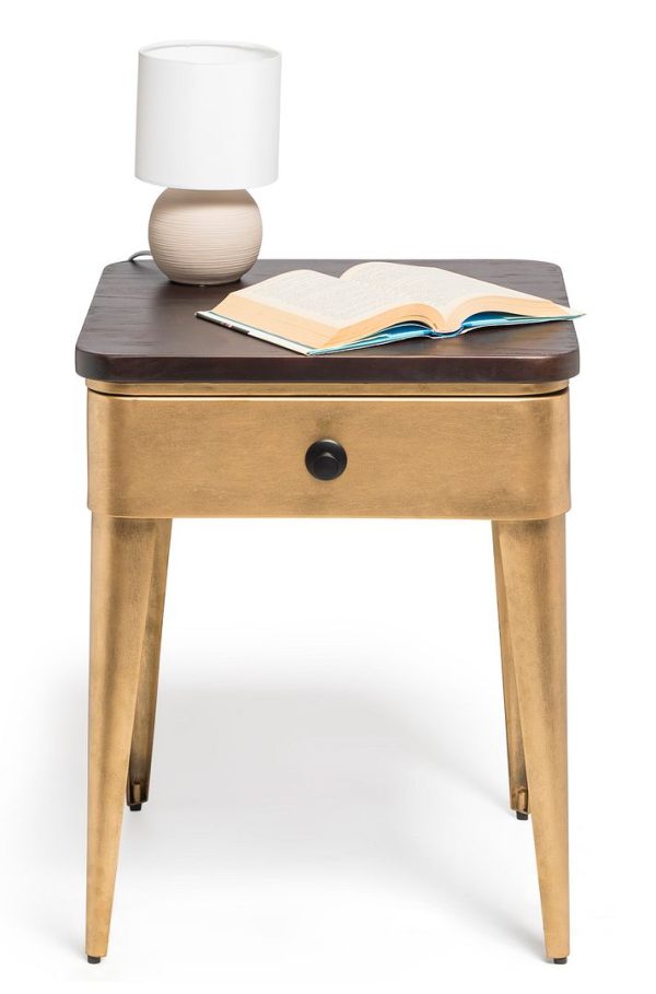 Burtonsville Modern Bedside Table in Brass Finish with Storage Drawer and Wood Top