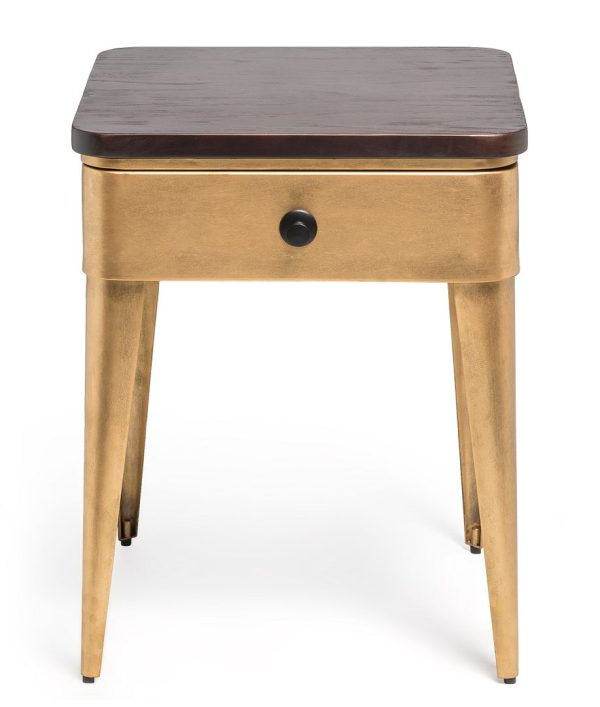 Burtonsville Modern Bedside Table in Brass Finish with Storage Drawer and Wood Top