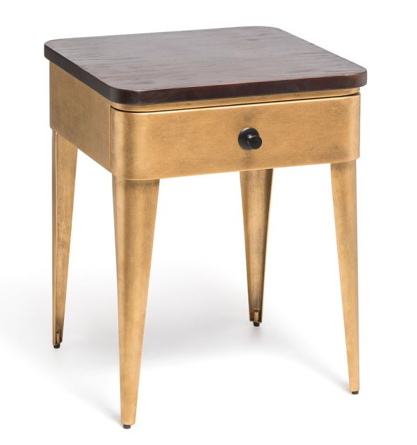 Burtonsville Modern Bedside Table in Brass Finish with Storage Drawer and Wood Top