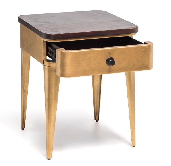 Burtonsville Modern Bedside Table in Brass Finish with Storage Drawer and Wood Top