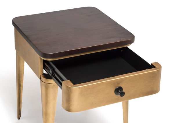 Burtonsville Modern Bedside Table in Brass Finish with Storage Drawer and Wood Top