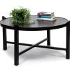 Modern Black Round Coffee Table with Copper Finish Engraved Top