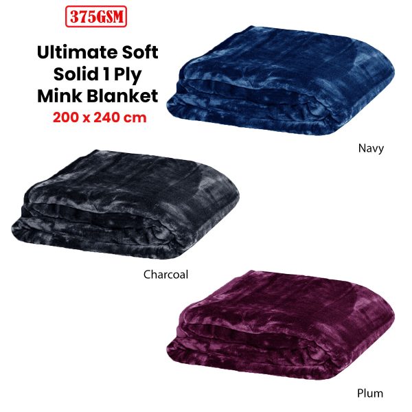 375gsm 1 Ply Solid Faux Mink Blanket Queen 200×240 cm Navy