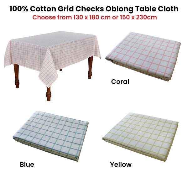 Cotton Grid Checks Oblong Table Cloth Blue 130 x 180cm