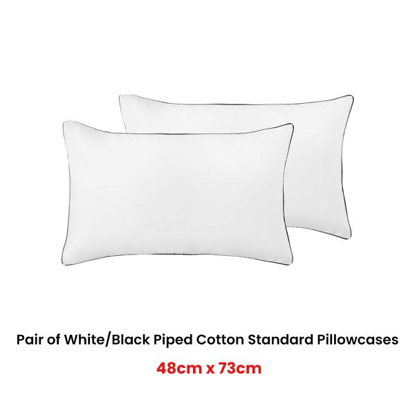 Pair of White/Black Piped Hotel Deluxe Cotton Standard Pillowcases