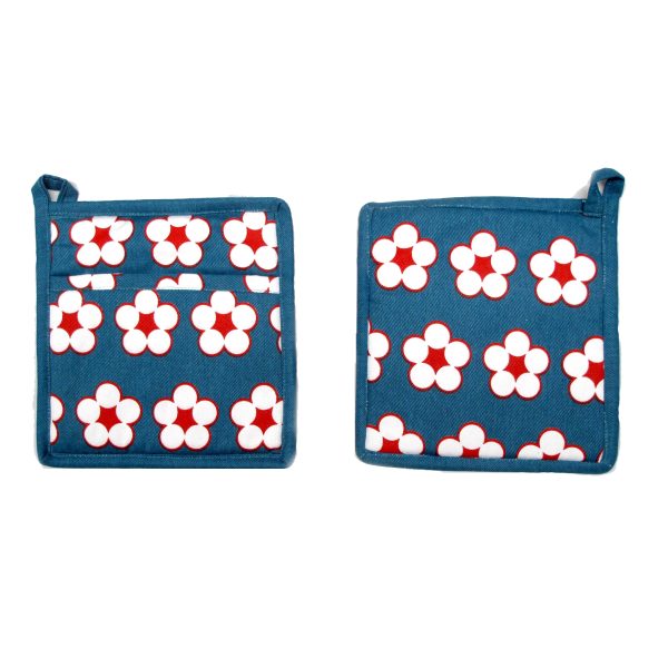 Set of 2 Cotton Bud Navy Pot Holders