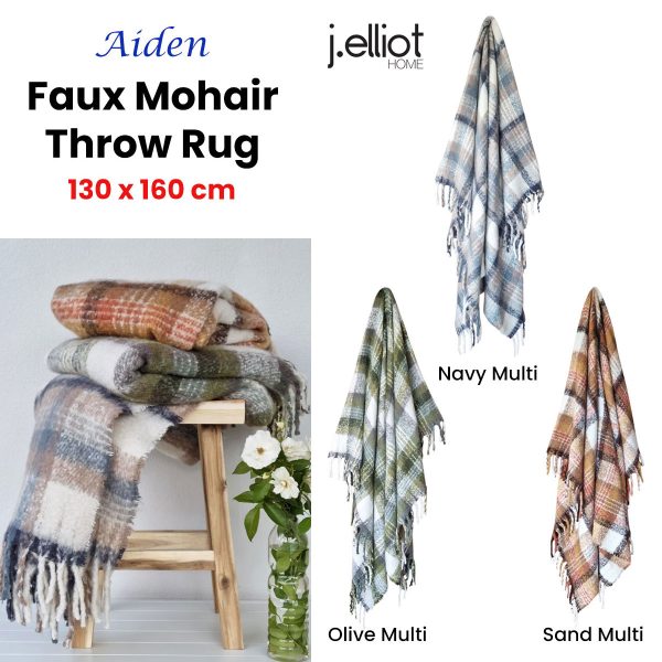 Aiden Multi Faux Mohair Throw Rug with Fringe 130 x 160cm – Olive