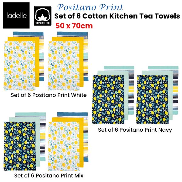 Set of 6 Positano Cotton Kitchen Tea Towels 50 x 70 cm White