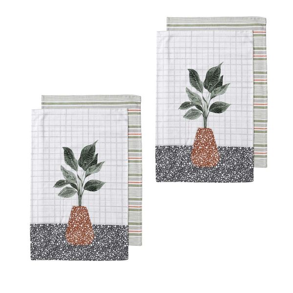 Revive Plants Set of 4 Cotton Kitchen Towels Brown Pot